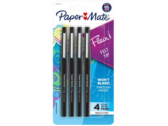 Paper Mate Flair Porous-Point Pens, Medium Point, 0.7 mm, Black Barrel, Black Ink, Pack Of 4