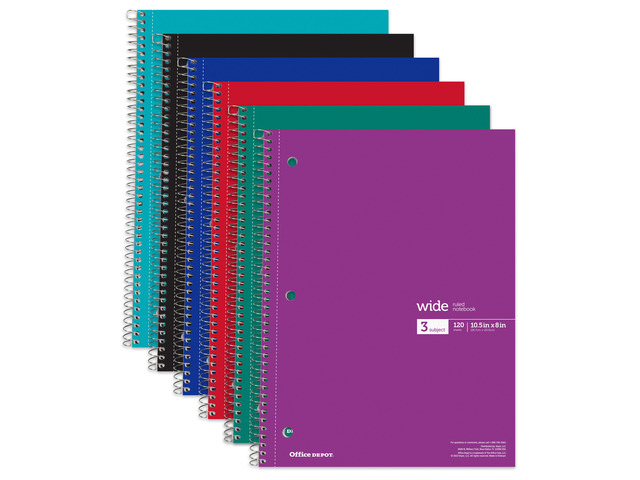 Office Depot Wirebound Notebooks, 8' x 10-1/2', 1 Subject, Wide Ruled, 100 Sheets, Assorted Colors, Pack Of 6 Notebooks