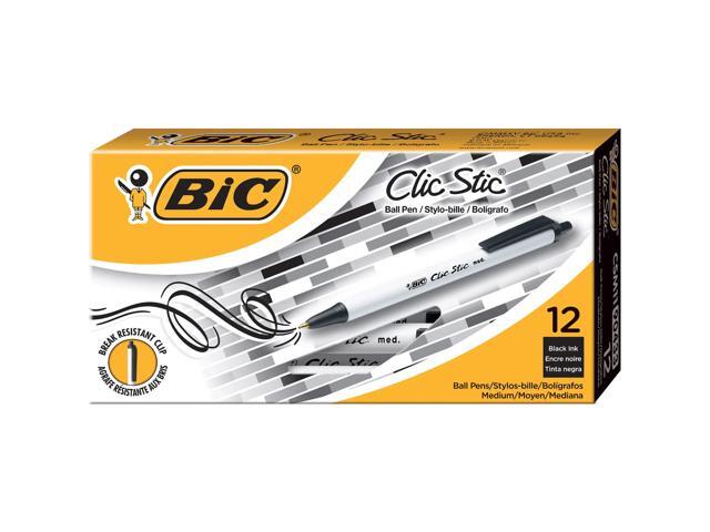 BIC Clic Stic Retractable Ballpoint Pens, Medium Point, 1.0 mm, White Barrel, Black Ink, Pack Of 12