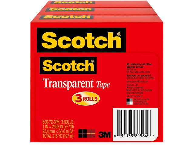 Scotch Transparent Tape, 1 in x 2592 in, 3 Tape Rolls, Clear, School Supplies and College Essentials for Students and Teachers