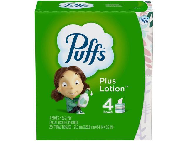 Puffs Plus Lotion 2-Ply Facial Tissues, White, 56 Sheets Per Box, Pack of 4 Boxes