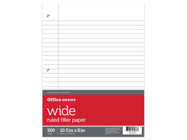Office Depot Ruled Filler Paper, 3-Hole Punched, 16-Lb, Wide Ruled With Margin, 10 1/2in x 8in, 500 Sheets, 09227OD