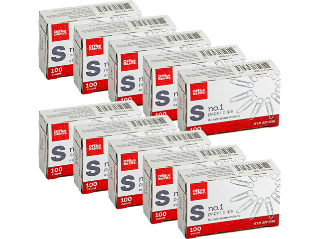 Office Depot Brand Paper Clips, No. 1, Small, Silver, Pack Of 10 Boxes, 100 Per Box, 1,000 Total