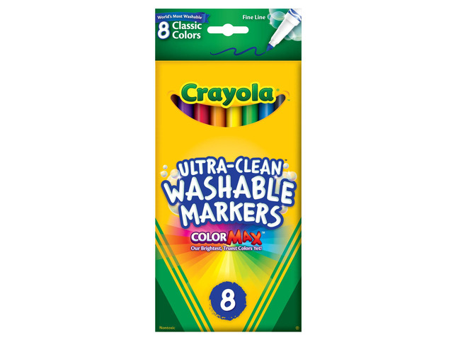 Crayola Ultra-Clean Washable Color Markers, Thin Line, Assorted Classic Colors, Box Of 8