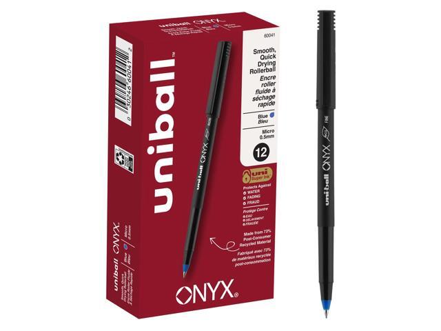 uni-ball Onyx Rollerball Pens, Micro Point, 0.5 mm, Black Barrel, Blue Ink, Pack Of 12