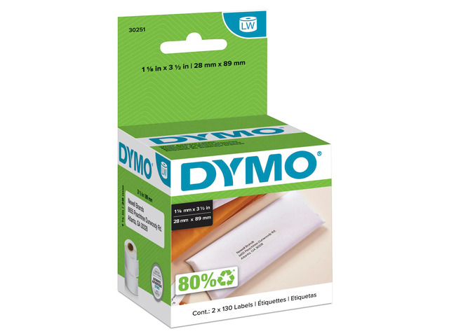 DYMO 30251 LabelWriter Address Labels, 30251, 1 1/8' x 3 1/2', White, 130 Labels Per Roll, Pack Of 2 Rolls