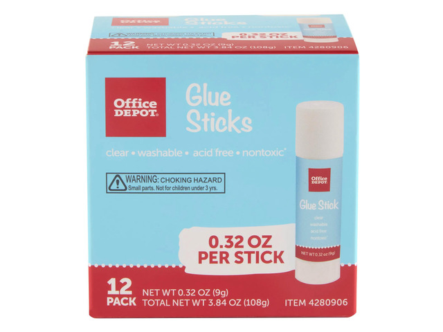 Office Depot Brand Glue Sticks, 0.32 Oz, Clear, Pack Of 12 Glue Sticks