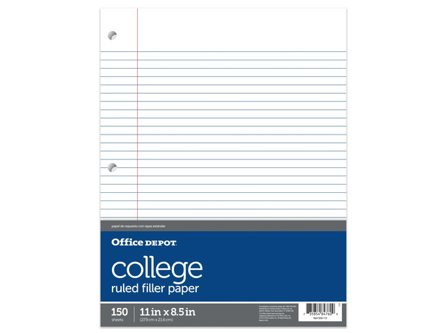 Office Depot Notebook Filler Paper, College-Ruled, 8 1/2in. x 11in., 3-Hole Punched, White, Pack Of 150, 09257OD