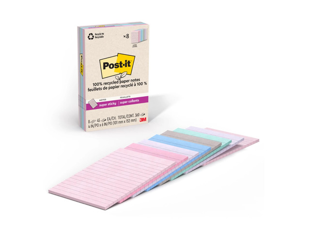 Post-it Super Sticky 100% Recycled Paper Notes, 4 x 6 in, 8 Lined Sticky Note Pads, 45 Sheets/Pad, School Supplies and Office Products, Oasis