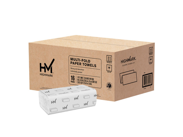 Highmark ECO Multi-Fold 1-Ply Paper Towels, 100% Recycled, White, 250 Sheets Per Pack, Case Of 16 Packs