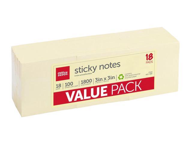 Office Depot 30% Recycled Self-Stick Notes, 3in. x 3in., Yellow, 100 Sheets Per Pad, Pack Of 18 Pads, OD-3318YR
