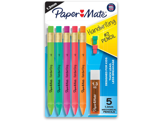Paper Mate Handwriting Mechanical Pencil Set, #2 Lead, 1.3 mm, Assorted Colors, Pack Of 5 Pencils
