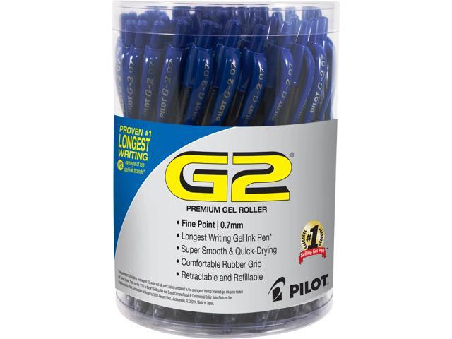 Pilot G2 Retractable Gel Pen, Fine Point, 0.7mm, Clear Barrels, Blue Ink, Tub Of 36 Pens