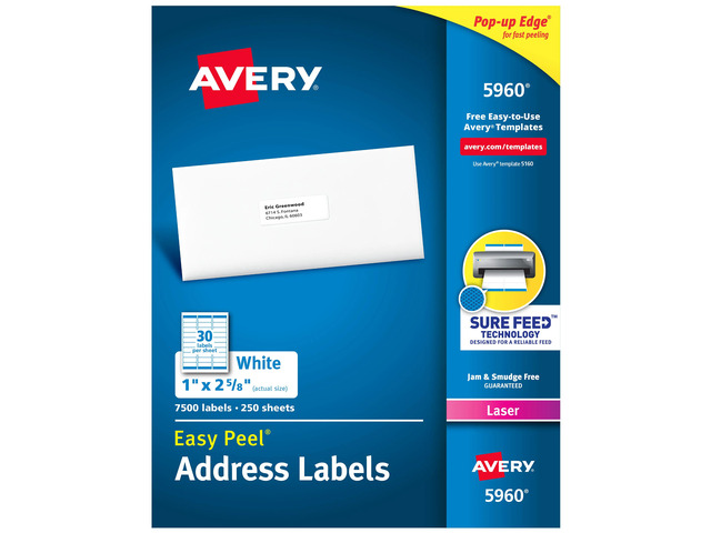 Avery Easy Peel Address Labels With Sure Feed Technology, 5960, Rectangle, 1' x 2-5/8', Matte White, Box Of 7,500
