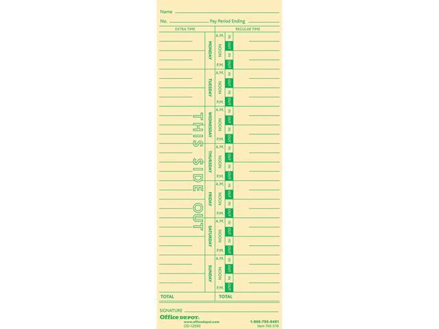 Office Depot Time Cards, Weekly, Monday-Sunday Format, 1-Sided, 3 3/8in. x 8 7/8in., Manila, Pack Of 100, GB-740016