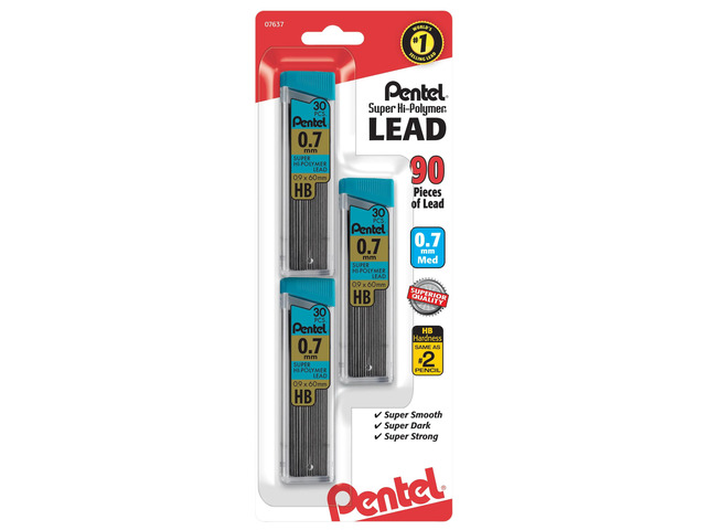 Pentel Super Hi-Polymer Leads, 0.7 mm, Medium, HB, 30 Leads Per Tube, Pack Of 3 Tubes