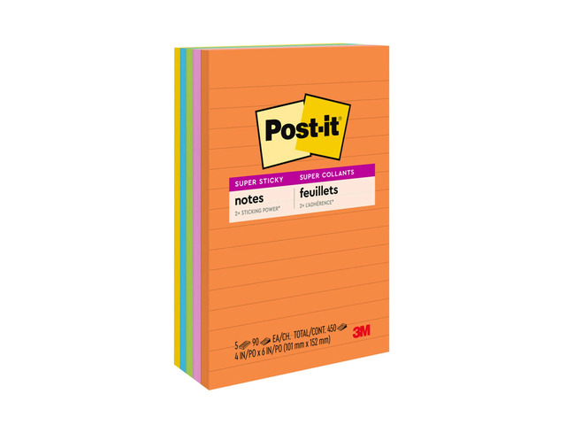 Post-it Super Sticky Notes, 4 x 6 in, 5 Lined Sticky Note Pads, 90 Sheets/Pad, 2X the Sticking Power, School and Office Supplies, Energy Boost