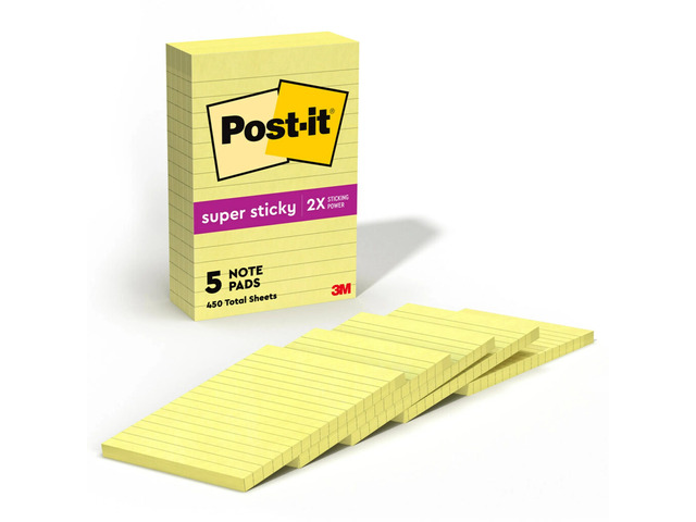 Post-it Super Sticky Notes, 4 x 6 in, 5 Lined Sticky Note Pads, 90 Sheets/Pad, 2X the Sticking Power, School and Office Supplies, Canary Yellow