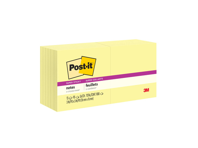 Post-it Super Sticky Notes, 3 x 3 in, 16 Sticky Note Pads, 90 Sheets/Pad, 2X the Sticking Power, School Supplies and Office Products, Canary Yellow