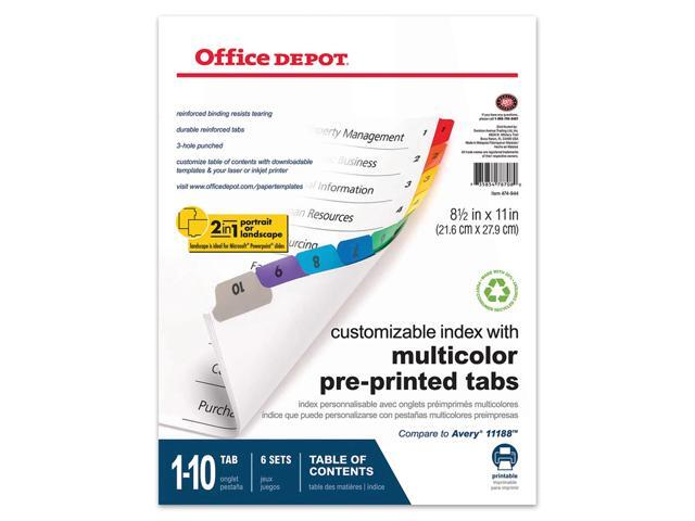 Office Depot Table Of Contents Customizable Index With Preprinted Tabs, Assorted Colors, Numbered 1-10, 6 Sets, 14710