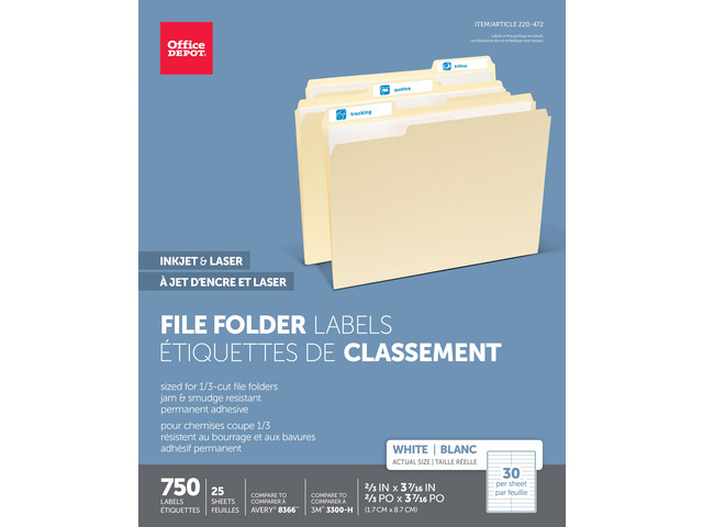 Office Depot White Permanent Inkjet/Laser File Folder Labels, 2/3in. x 3 7/16in., White, Pack Of 750, 505-0004-0011
