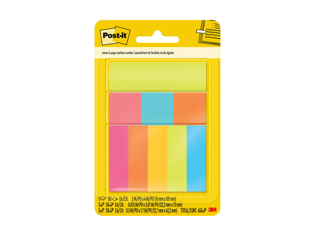 Post-it Combo Pack, 3 in. x 4 in. 1 Pad 50 sheets Notes, 1 in. x 3 in. 3 Pads 50 sheets and 0.5 in. x 2 in. 5 Pads 50 sheets. Pagemarkers