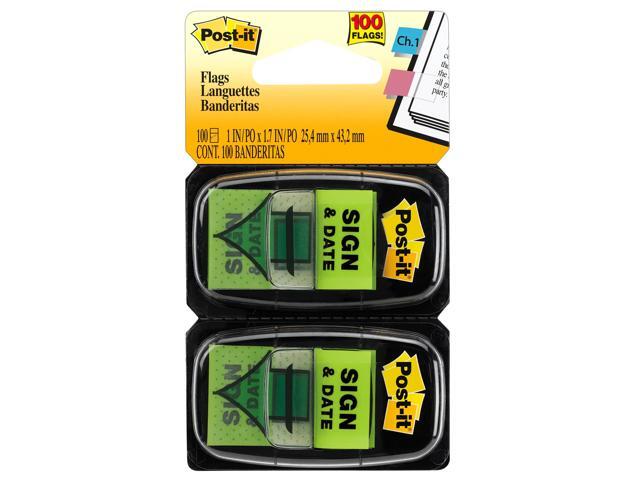 Post-it Notes Sign & Date Printed Flags, 1' x 1-7/10', Green, 50 Flags Per Pad, Pack Of 2 Pads