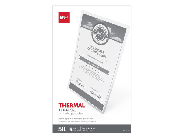 Office Depot Brand Laminating Pouches, Legal Size, 3 Mil, 9' x 14.5', Pack Of 50