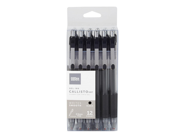 Office Depot Brand Callisto Retractable Gel Ink Pens, Fine Point, 0.5 mm, Transparent Black Barrel, Black Ink, Pack Of 12 Pens
