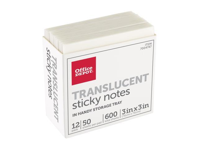 Office Depot Brand Translucent Sticky Notes, With Storage Tray, 3' x 3', Clear, 50 Notes Per Pad, Pack Of 12 Pads