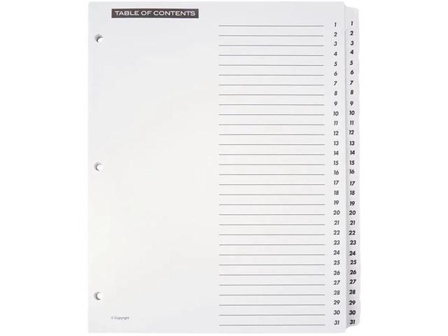 Office Depot Table Of Contents Customizable Index With Preprinted Tabs, White, Numbered 1-31, OD409716