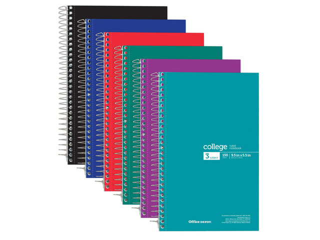 Office Depot Wirebound Notebooks, 6' x 9-1/2', 3 Subjects, College Ruled, 150 Sheets, Assorted Colors, Pack Of 6 Notebooks