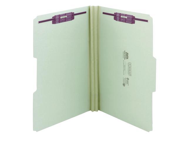 Smead Pressboard Fastener Folders With SafeSHIELD Fasteners, 2' Expansion, Legal Size, 100% Recycled, Gray/Green, Box Of 25