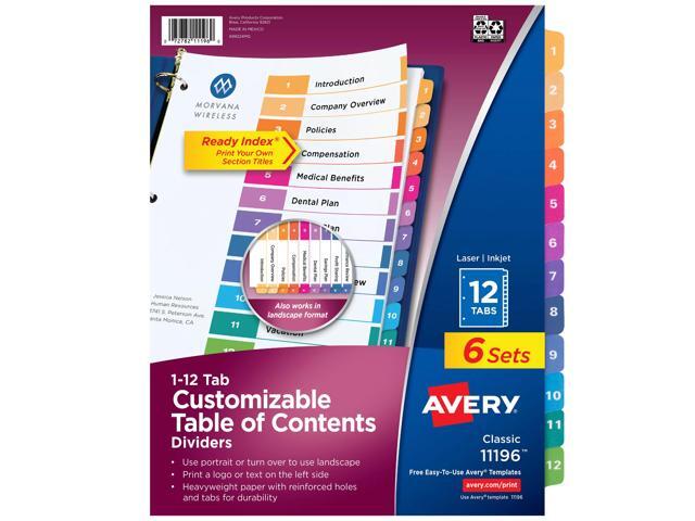 Avery(R) Ready Index(R) 30% Recycled Table Of Contents Dividers, 1-12 Tab, Multicolor, Pack Of 6 Sets, 11196