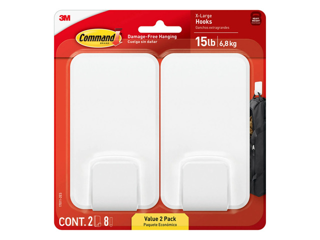 Command X-Large Hooks, 2 Hooks, 8 White Adhesive Strips, Damage Free Hanging Picture Hangers, No Tools Wall Hanging Strips For Living Spaces