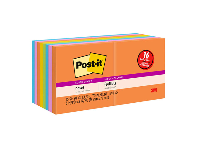 Post-it Super Sticky Notes, 3 x 3 in, 16 Sticky Note Pads, 90 Sheets/Pad, 2X the Sticking Power, School Supplies and Office Products, Energy Boost