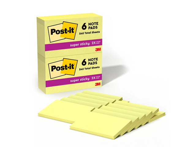 Post-it Super Sticky Notes, 3 x 5 in, 12 Sticky Note Pads, 90 Sheets/Pad, 2X the Sticking Power, School Supplies and Office Products, Canary Yellow