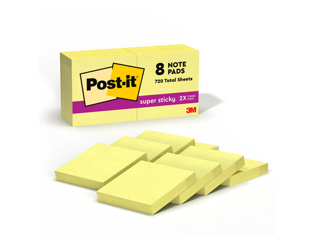 Post-it Super Sticky Notes, 1.88 x 1.88 in, 8 Mini Sticky Note Pads, 90 sheets/Pad, 2X the Sticking Power, School and Office Supplies, Canary Yellow