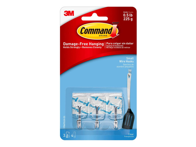 Command Small Clear Utensil Hooks, 3 Hooks, 4 White Adhesive Strips, Damage Free Hanging Picture Hangers, No Tools Wall Hanging Strips - 17067CLR