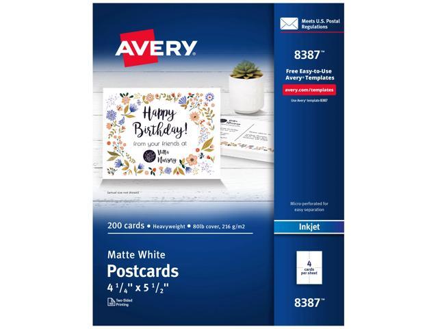 Avery(R) Inkjet Postcards, 4 1/4in. x 5 1/2in., White, Box of 200, 08387