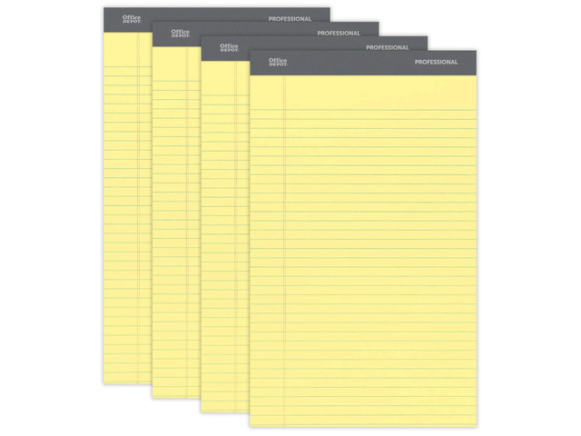 Office Depot Professional Legal Pad, 8 1/2in. x 14in., Canary, Legal Ruled, 50 Sheets, 4 Pads/Pack, 99489