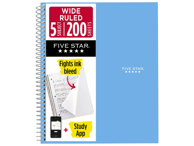Five Star Wirebound Notebook, 8' x 10-1/2', 5 Subject, Wide Ruled, 200 Sheets, Tidewater Blue