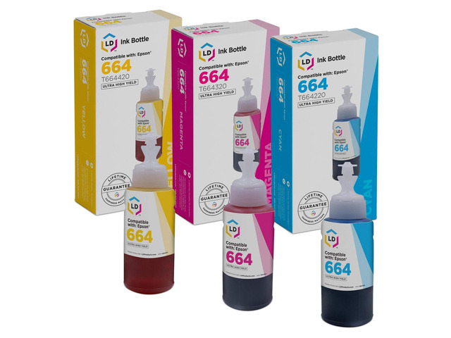 LD Compatible Epson 664 / T664 Set of 3 Ink Bottles: 1 T664220 Cyan, 1 T664320