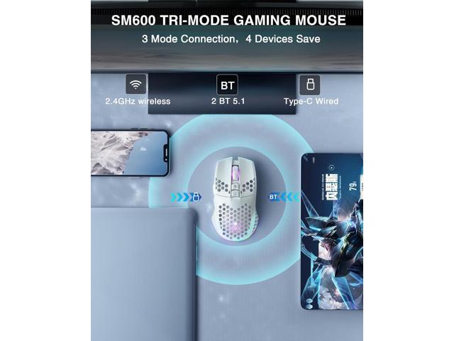 SM600 White Wireless Gaming Mouse,8000 DPI Tri-Modes BT5.1/Type-C Wired/2.4G Wireless Mouse with 2 Side Buttons, Programmable Macro Gamer Mouse...