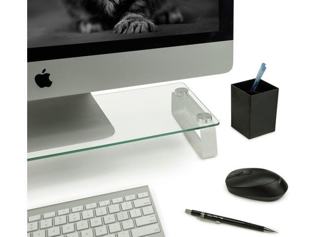 Mount-It! Glass Computer Monitor Riser and Laptop Stand Clear Flat Screen Display Stand, Desktop Shelf and Organizer, Glass and Aluminum...