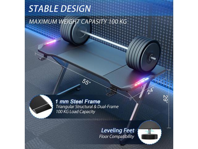 HLDIRECT 55 Inch Gaming Desk with LED Lights, Ergonomic Computer Gaming Table with Carbon Fibre Surface, Sturdy PC Workstation Desk for Gaming and...