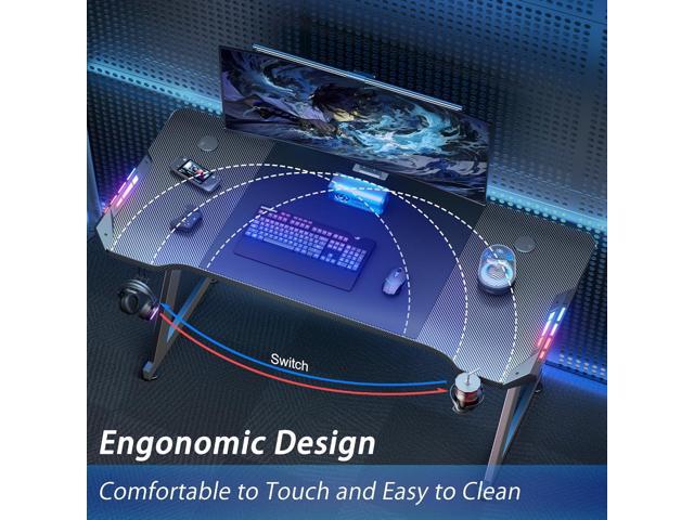 HLDIRECT 55 Inch Gaming Desk with LED Lights, Ergonomic Computer Gaming Table with Carbon Fibre Surface, Sturdy PC Workstation Desk for Gaming and...