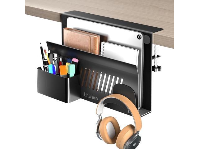 Litwaro Desk Side Storage, No Drill Laptop Holder with Magnetic Pen Holder, Under Desk Laptop Mount with Sticky Headphone Holder, Hanging Desks...