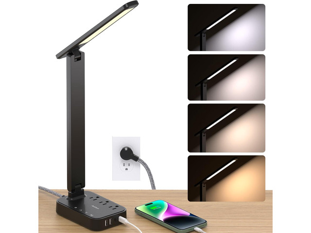Addtam LED Desk Lamp, Power Strip with 3 Outlets 4 USB Charging Ports(2 USBC), 4 Modes 5 Level Brightness Touch Lamp, Small Desk Lamp for Home...