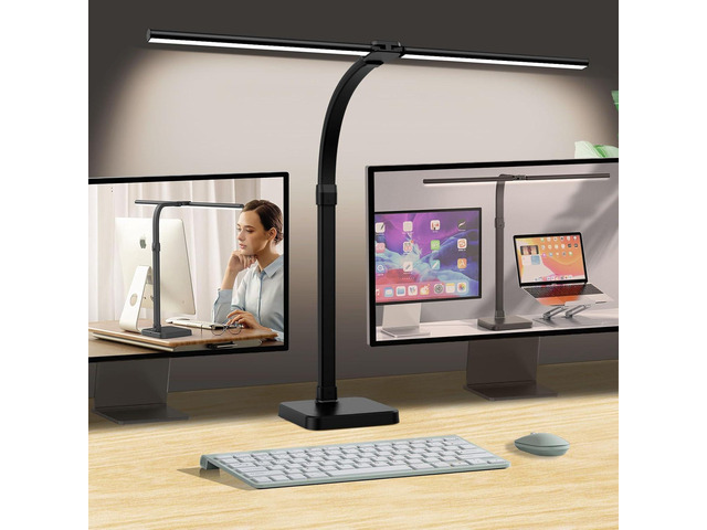AKRRYR LED Desk Lamp for Home Office, Double Head 24W with Base, Architect Light 5 Lighting Brightness Flexible Gooseneck Table Reading Study, Black